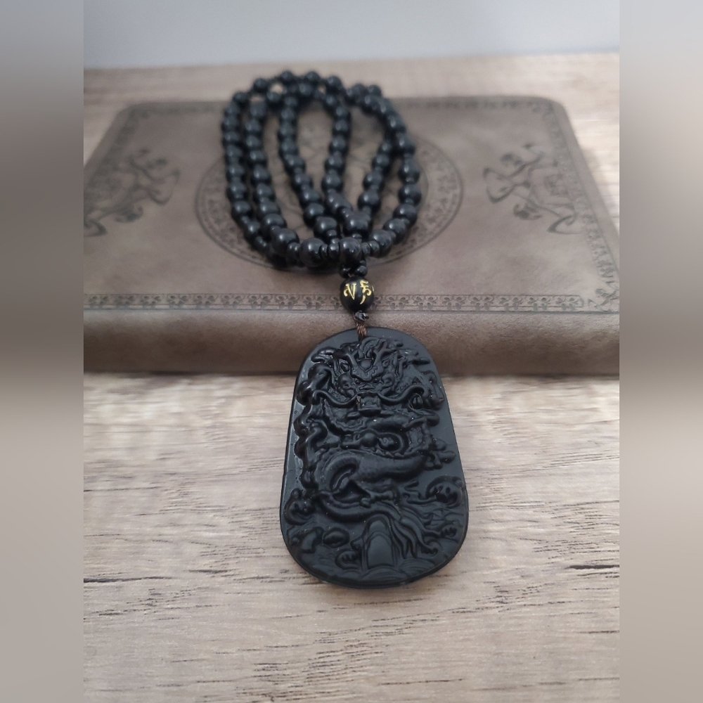 Black Obsidian Dragon Pendant Amulet Necklace, Obsidian Mens Dragon Necklace
